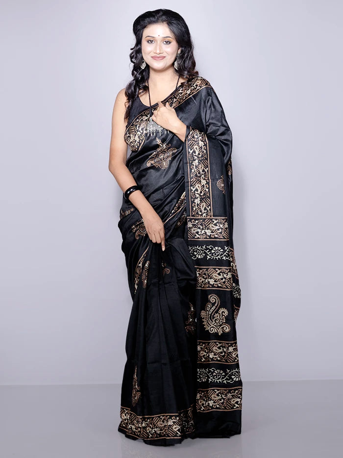Black Printed Bishnupuri Katan Silk Saree
