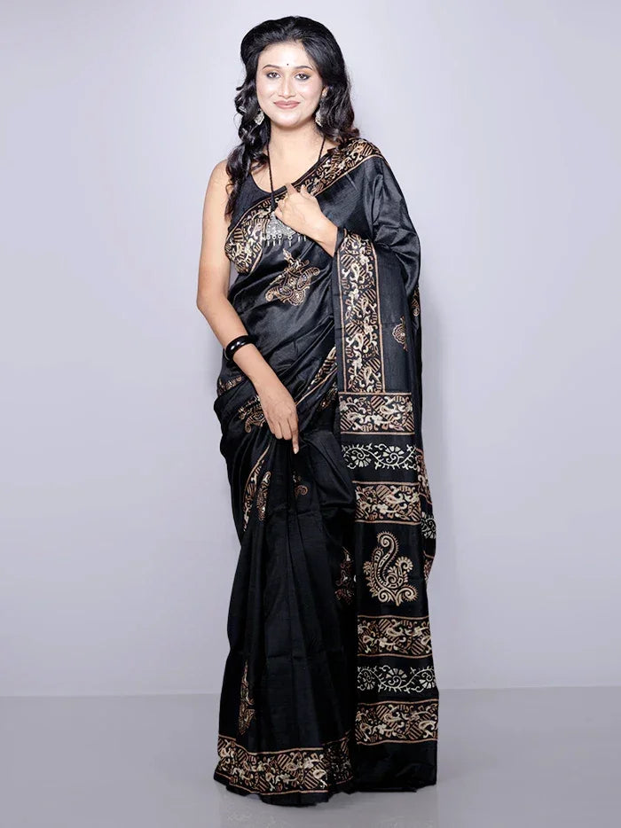 Black Printed Bishnupuri Katan Silk Saree - WeaversIndia