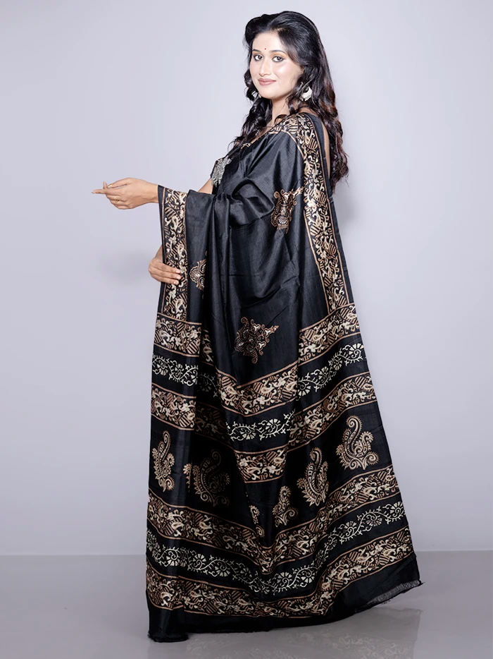 Black Printed Bishnupuri Katan Silk Saree