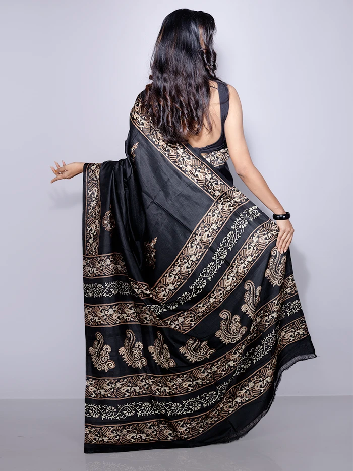 Black Printed Bishnupuri Katan Silk Saree
