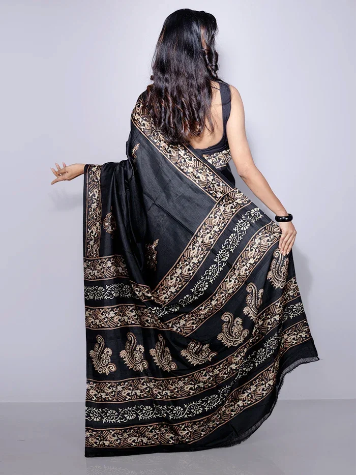 Black Printed Bishnupuri Katan Silk Saree - WeaversIndia