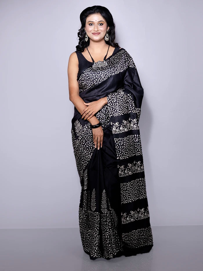 Black Printed Bishnupuri Katan Silk Saree
