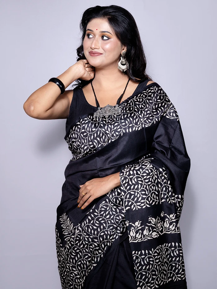 Black Printed Bishnupuri Katan Silk Saree