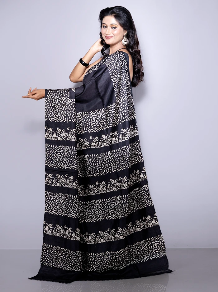 Black Printed Bishnupuri Katan Silk Saree