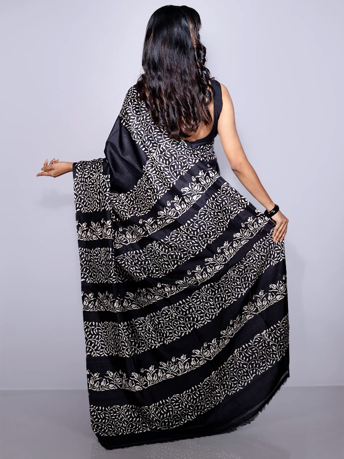 Black Printed Bishnupuri Katan Silk Saree