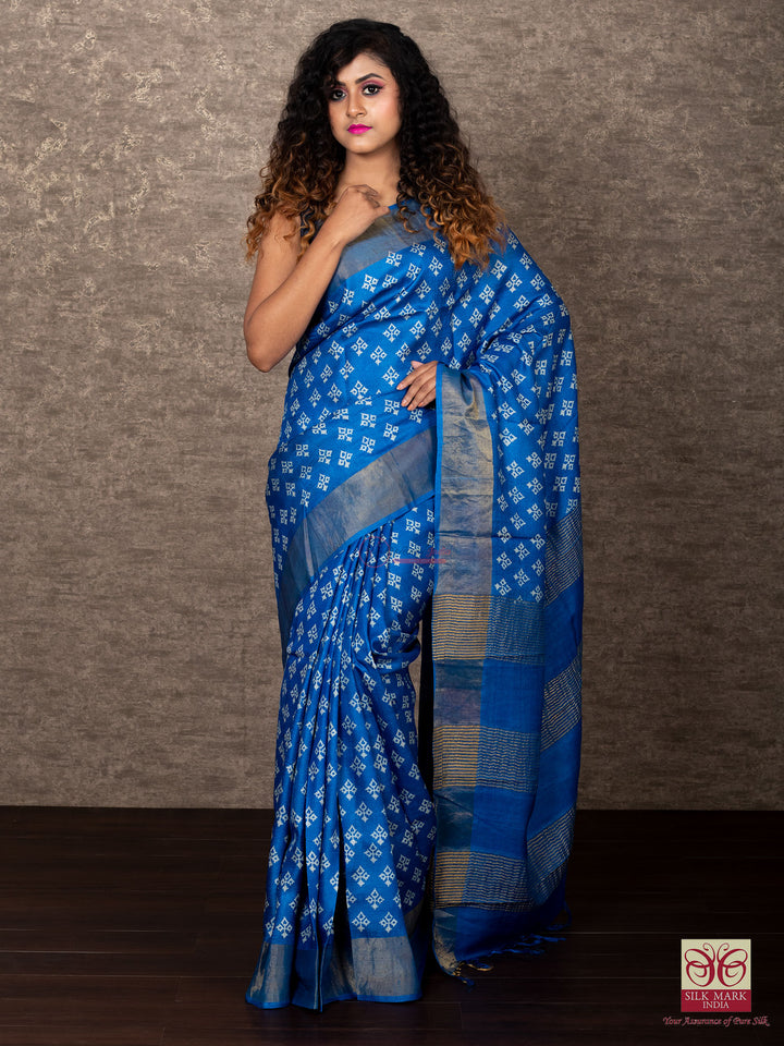 Wonderful Sky Blue Color Allover Block Printed Tussar Silk Saree