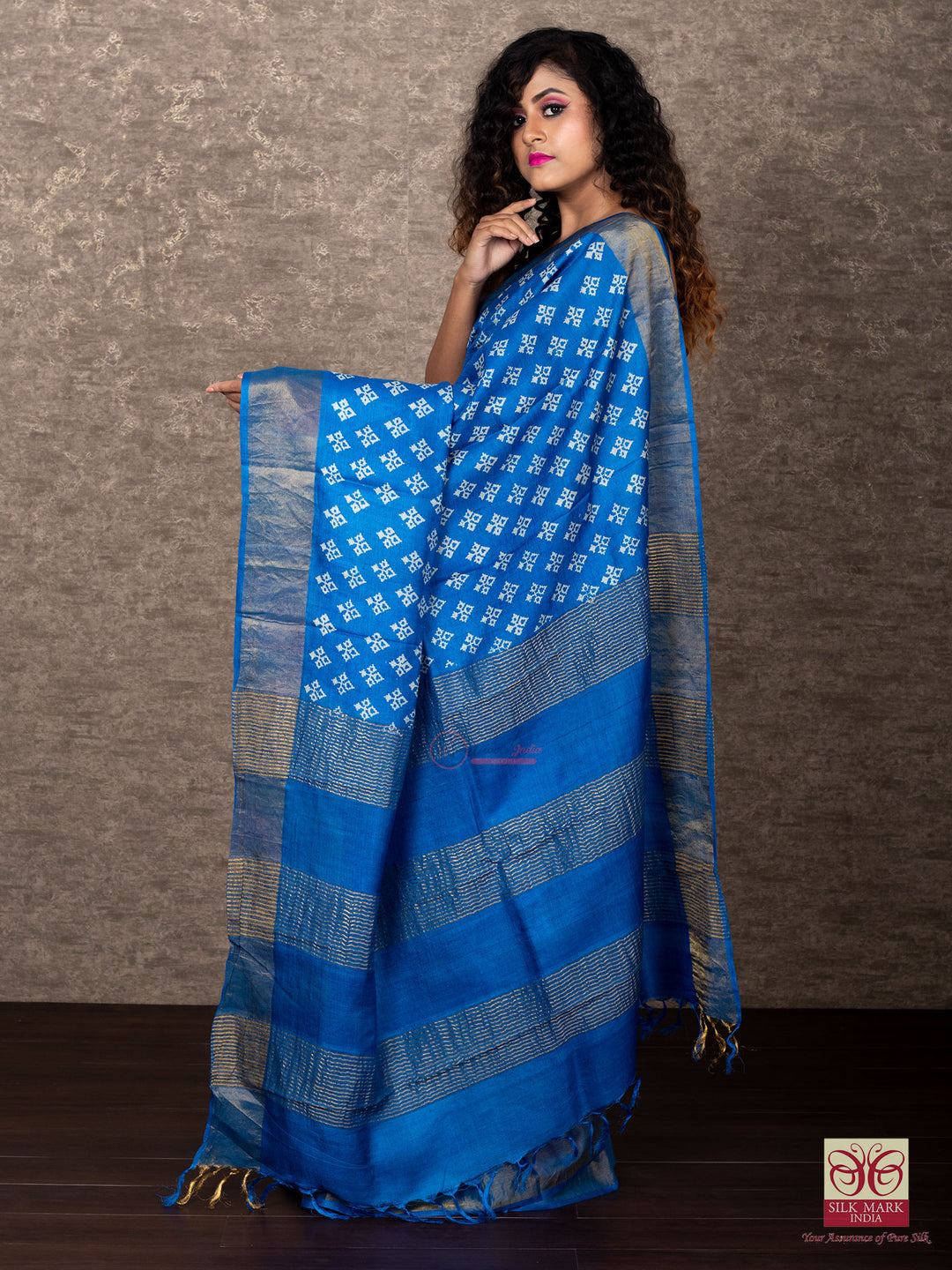 Wonderful Sky Blue Color Allover Block Printed Tussar Silk Saree