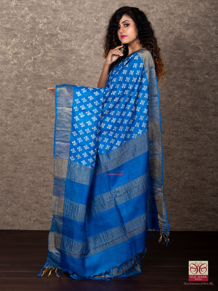 Wonderful Sky Blue Color Allover Block Printed Tussar Silk Saree