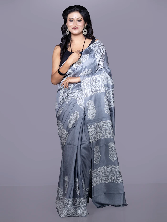 Grey Printed Bishnupuri Katan Silk Saree
