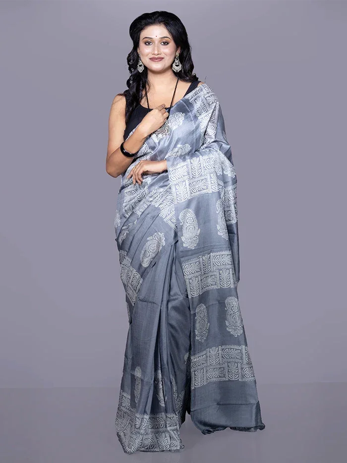 Grey Printed Bishnupuri Katan Silk Saree - WeaversIndia