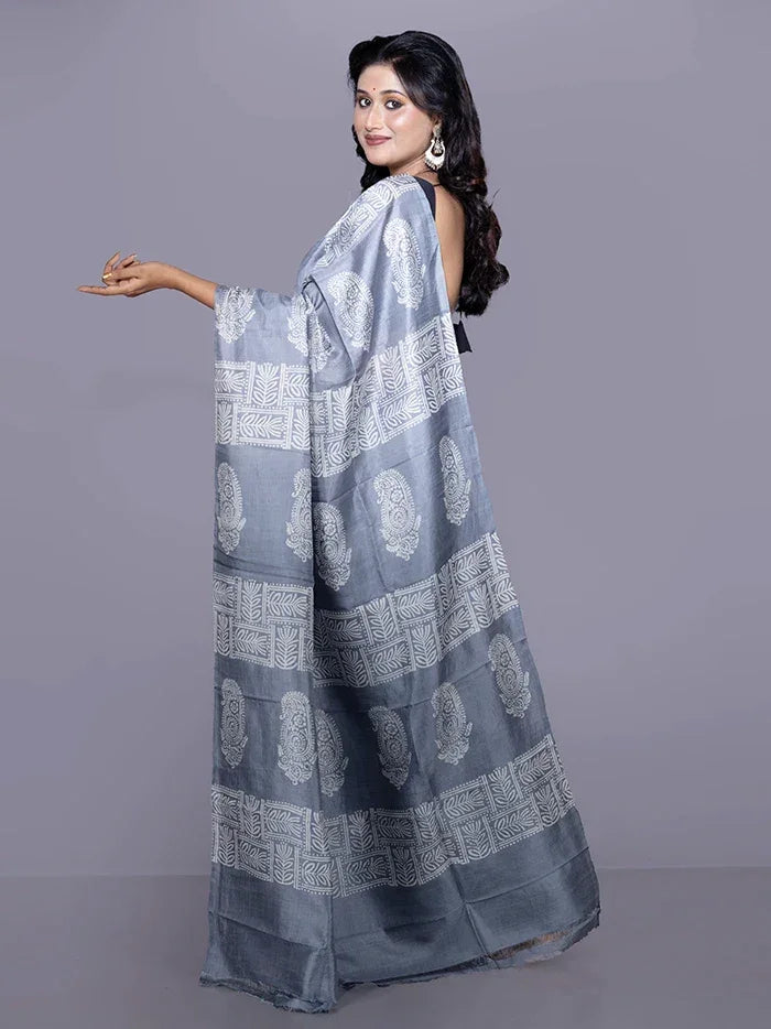 Grey Printed Bishnupuri Katan Silk Saree - WeaversIndia