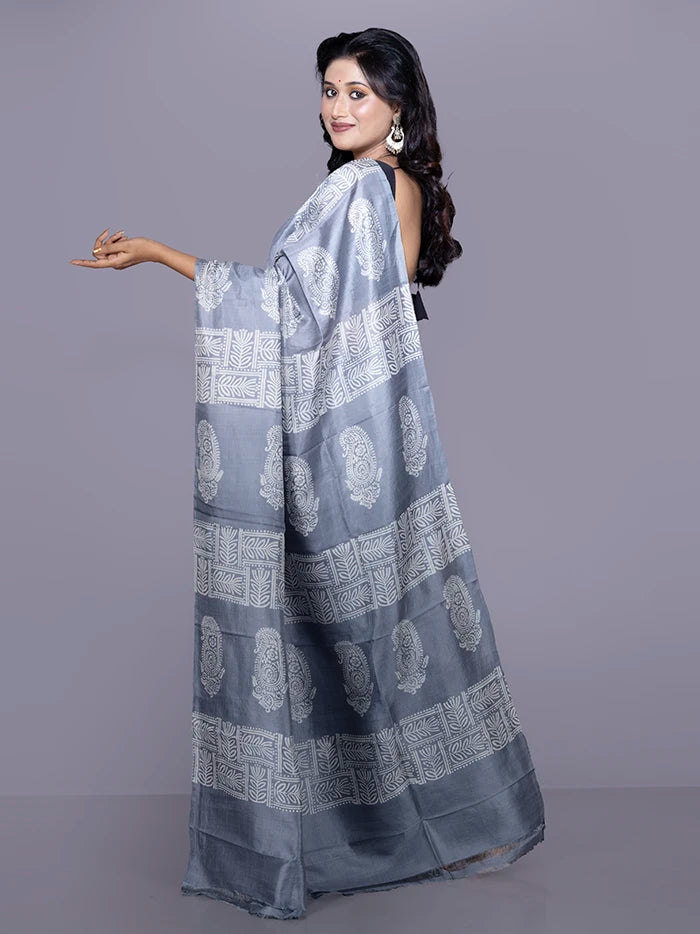 Grey Printed Bishnupuri Katan Silk Saree