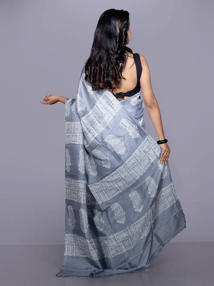 Grey Printed Bishnupuri Katan Silk Saree - WeaversIndia