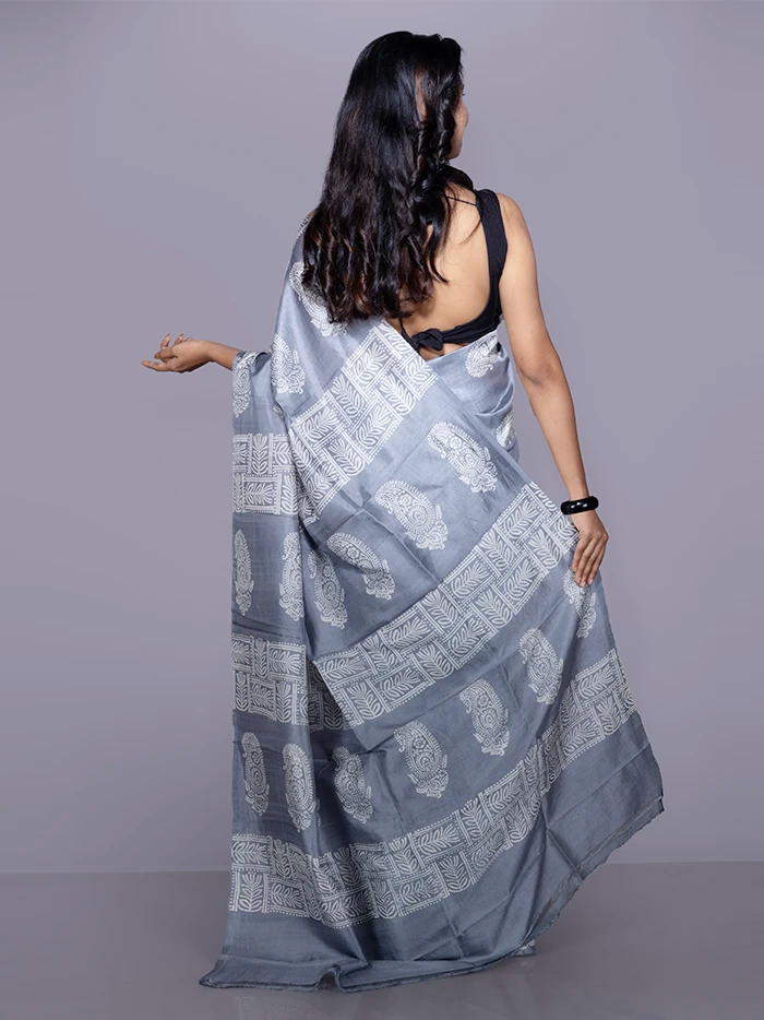 Grey Printed Bishnupuri Katan Silk Saree