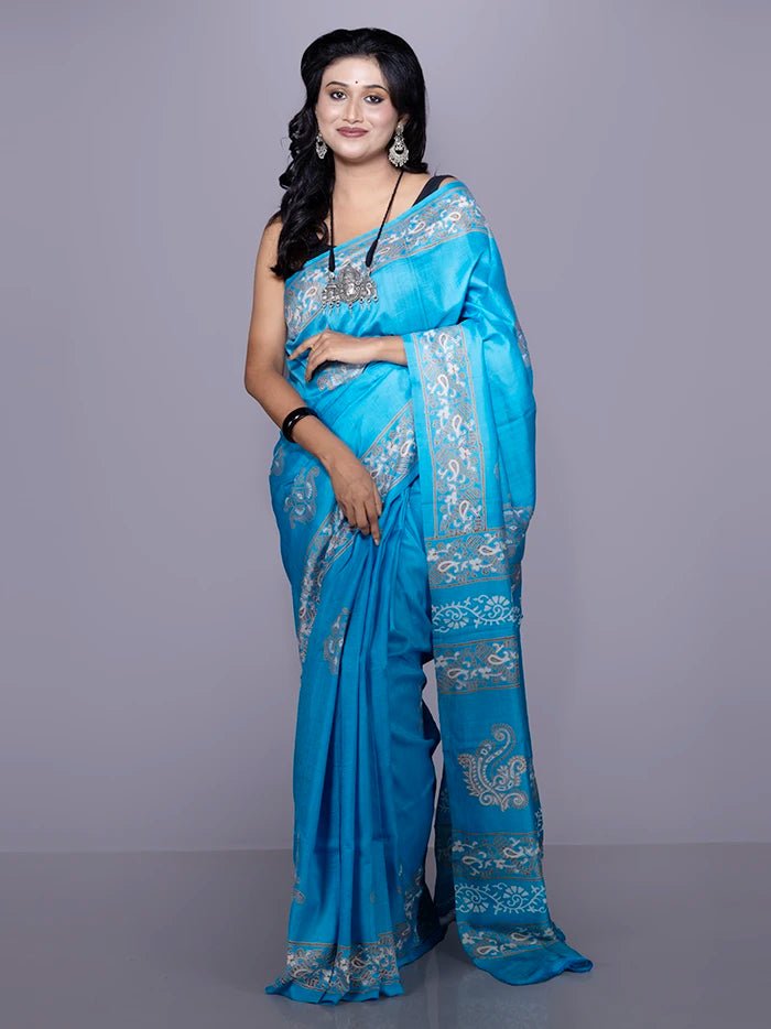 Sky Blue Printed Bishnupuri Katan Silk Saree