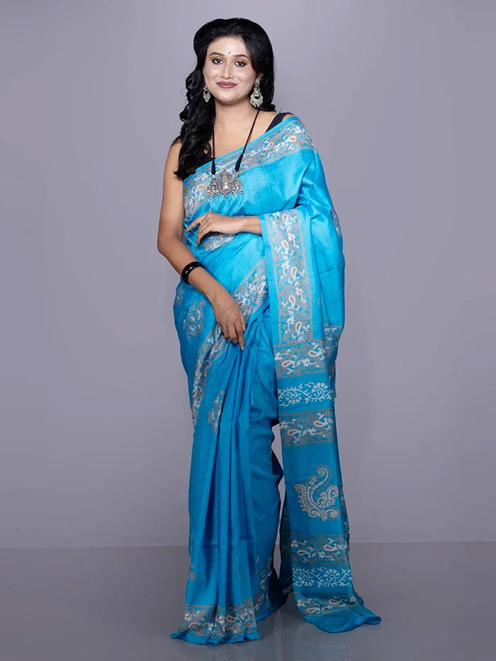 Sky Blue Printed Bishnupuri Katan Silk Saree - WeaversIndia