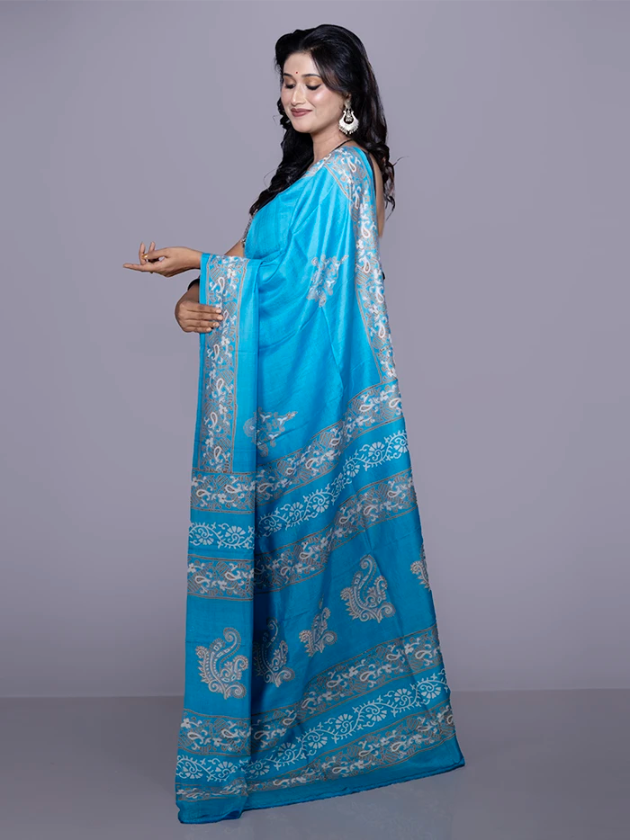 Sky Blue Printed Bishnupuri Katan Silk Saree