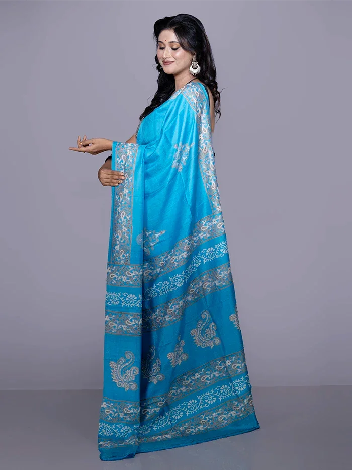 Sky Blue Printed Bishnupuri Katan Silk Saree - WeaversIndia
