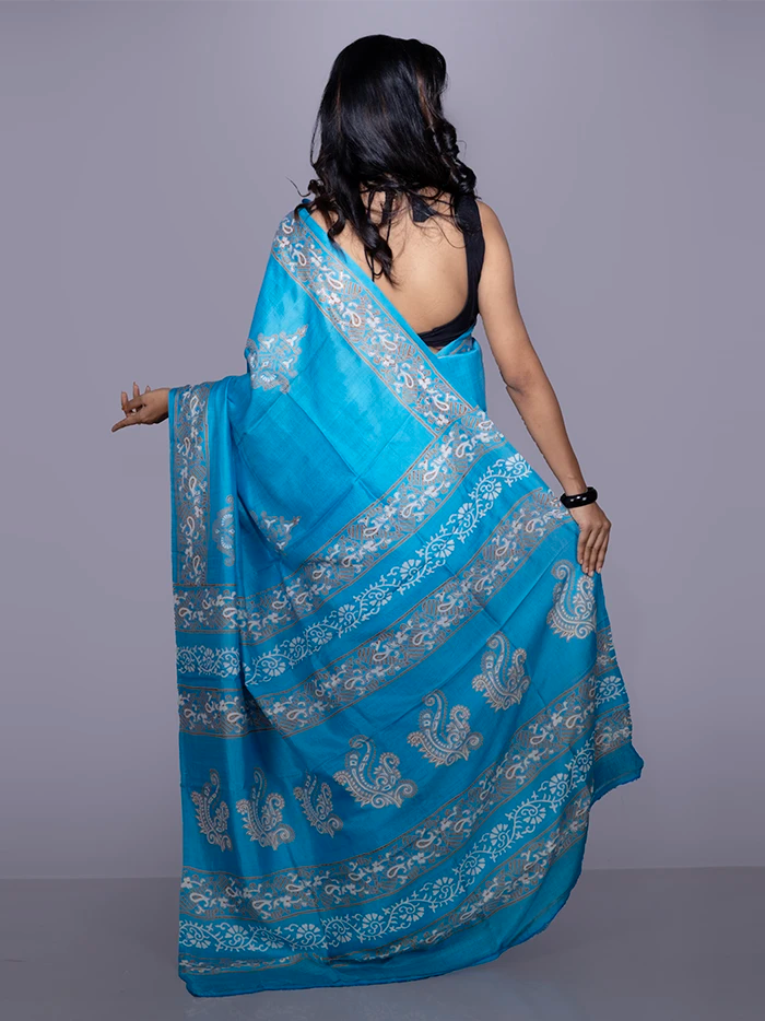 Sky Blue Printed Bishnupuri Katan Silk Saree