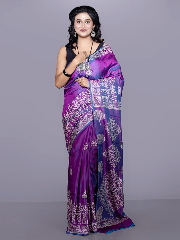 Purple Printed Bishnupuri Katan Silk Saree