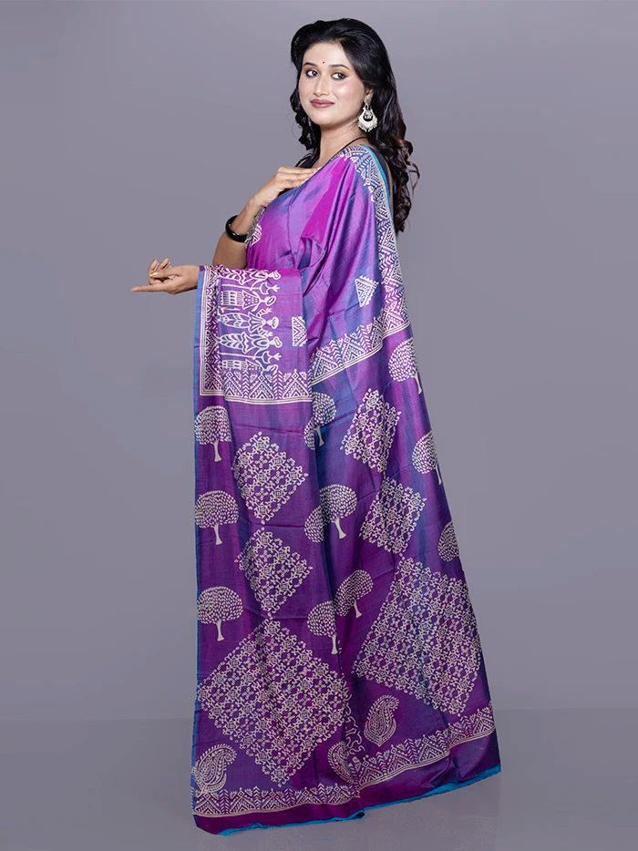 Purple Printed Bishnupuri Katan Silk Saree