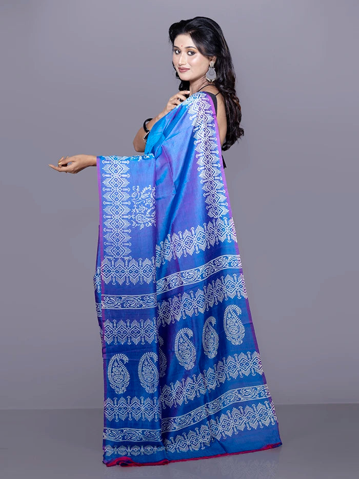 Blue Printed Bishnupuri Katan Silk Saree