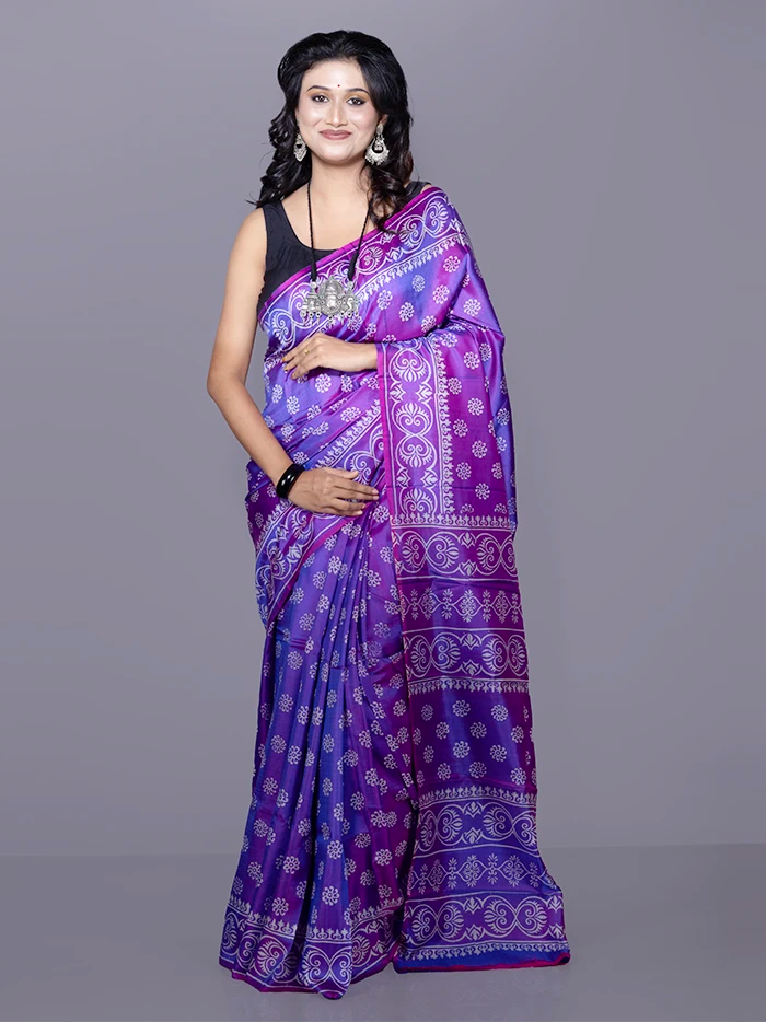 Purple Printed Bishnupuri Katan Silk Saree
