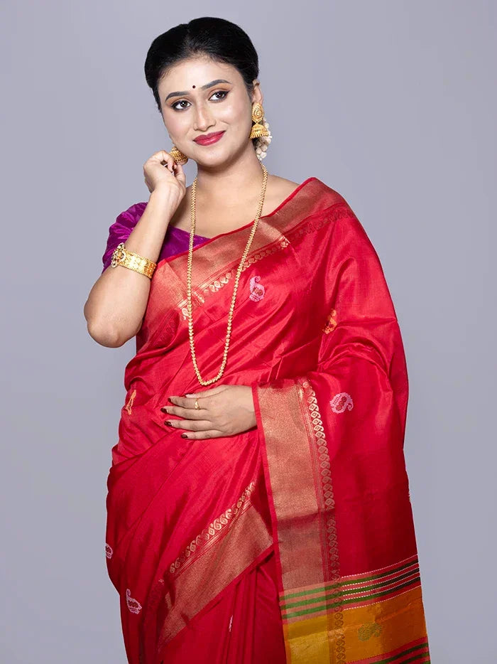 Red Par Anchal Buti Kalakshetra Silk Saree
