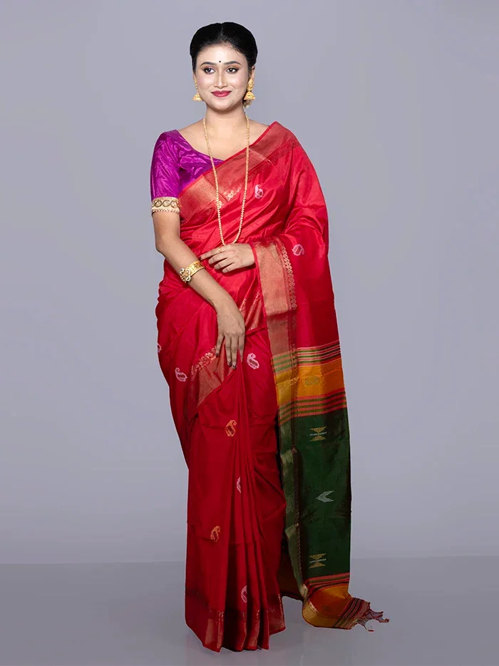 Red Par Anchal Buti Kalakshetra Silk Saree