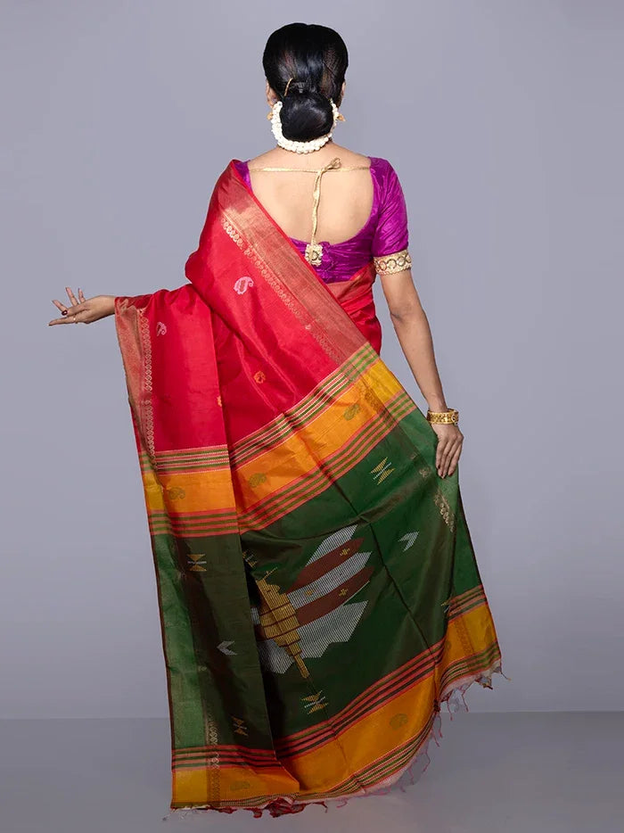Red Par Anchal Buti Kalakshetra Silk Saree