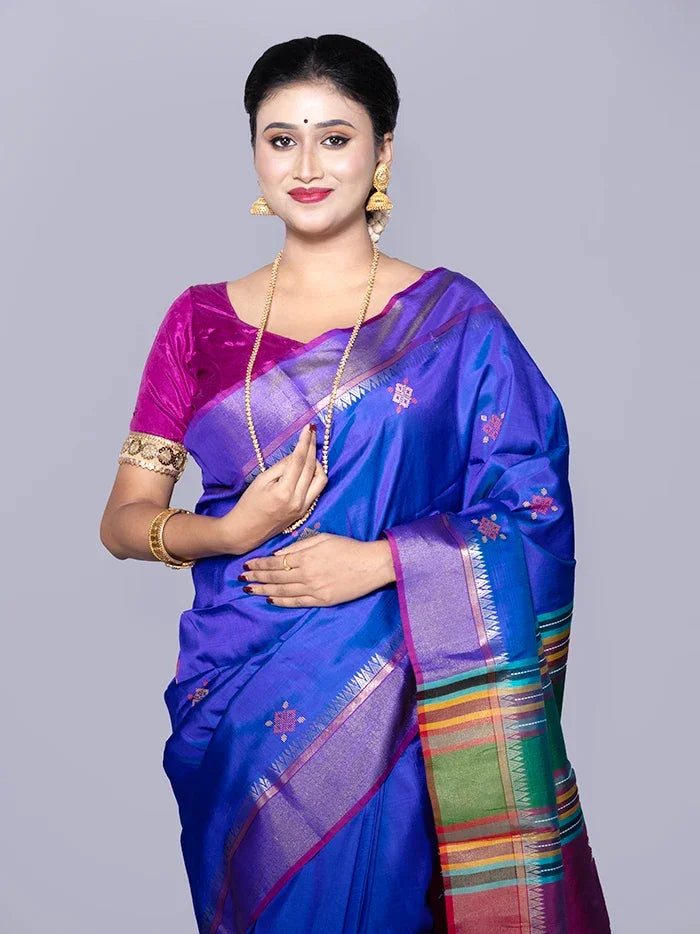 Blue Par Anchal Buti Kalakshetra Silk Saree - WeaversIndia