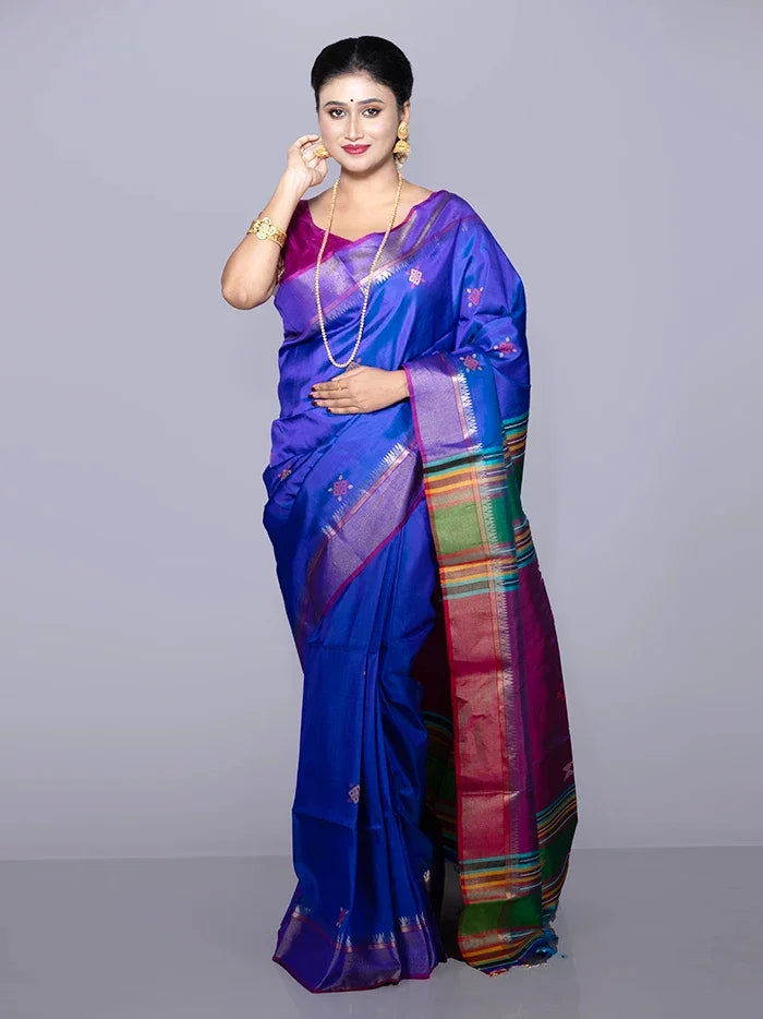 Blue Par Anchal Buti Kalakshetra Silk Saree - WeaversIndia