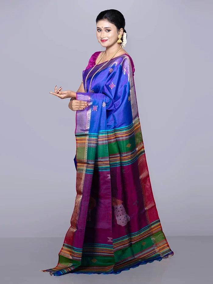 Blue Par Anchal Buti Kalakshetra Silk Saree - WeaversIndia