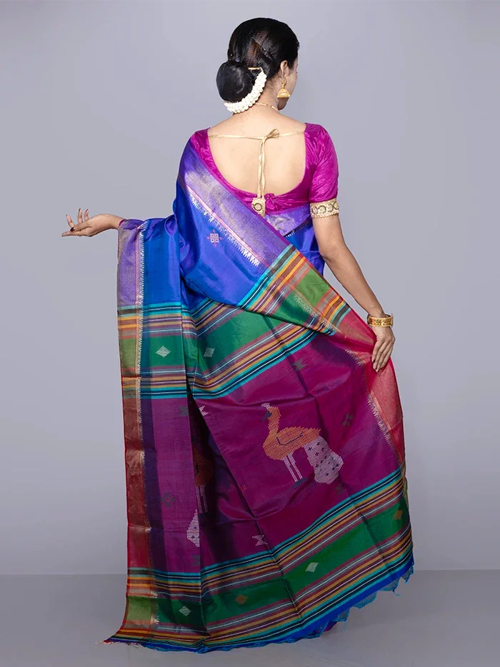 Blue Par Anchal Buti Kalakshetra Silk Saree - WeaversIndia