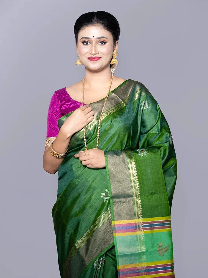 Green Par Anchal Buti Kalakshetra Silk Saree