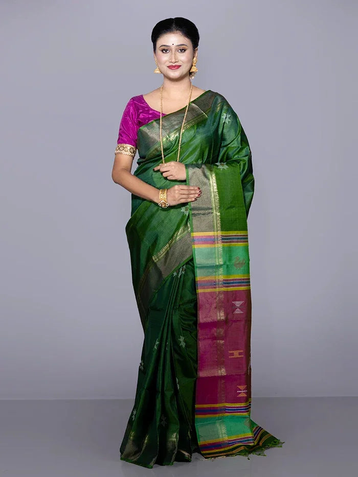 Green Par Anchal Buti Kalakshetra Silk Saree
