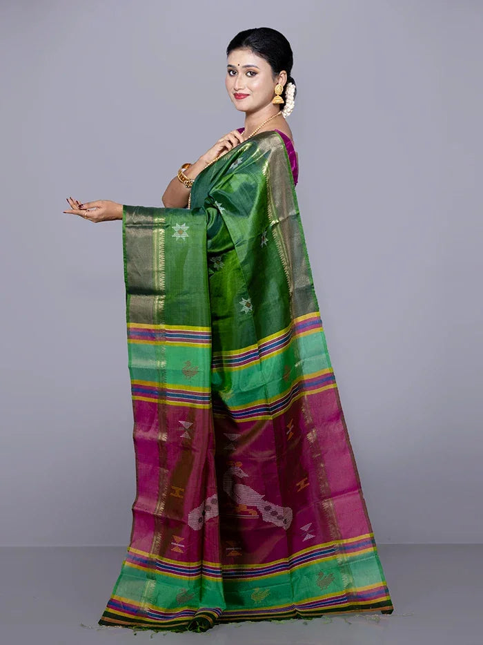 Green Par Anchal Buti Kalakshetra Silk Saree