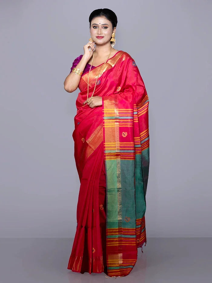 Red Par Anchal Buti Kalakshetra Silk Saree - WeaversIndia