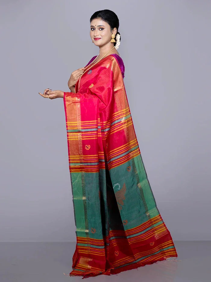Red Par Anchal Buti Kalakshetra Silk Saree - WeaversIndia