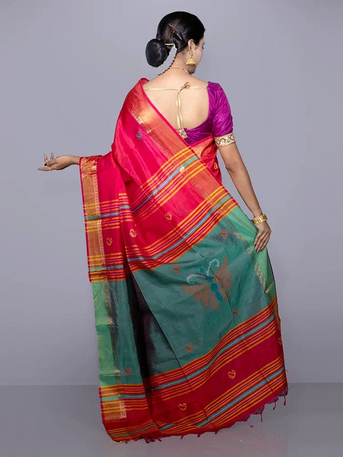 Red Par Anchal Buti Kalakshetra Silk Saree - WeaversIndia