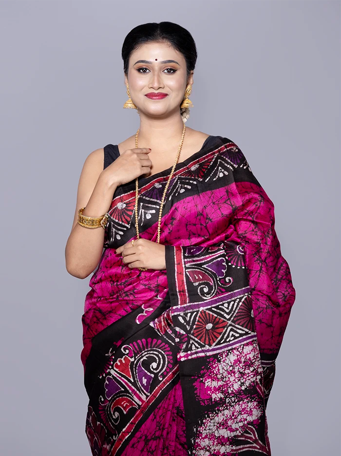 Allover Hand Batik Printed Murshidabad Silk Saree