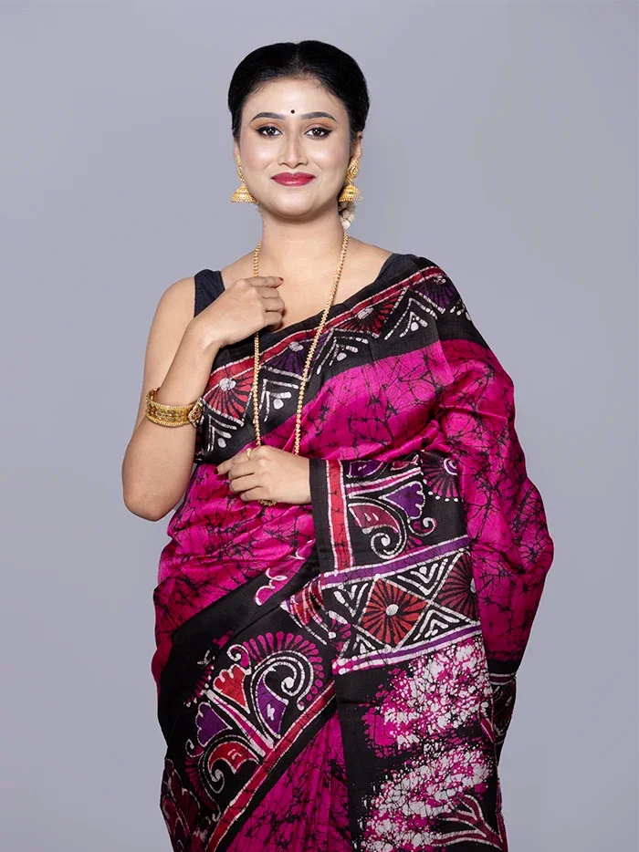 Allover Hand Batik Printed Murshidabad Silk Saree - WeaversIndia