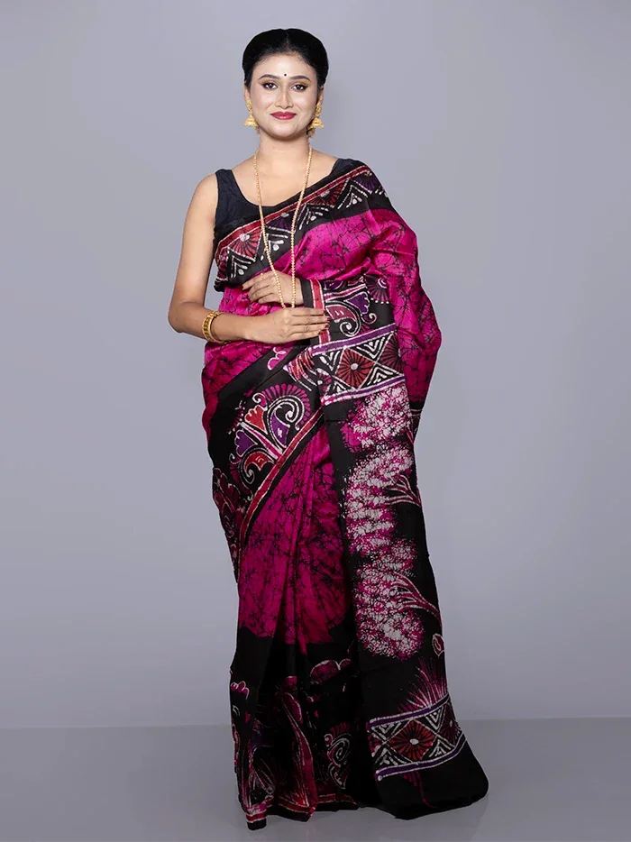 Allover Hand Batik Printed Murshidabad Silk Saree - WeaversIndia