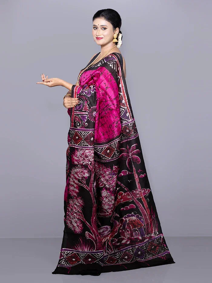 Allover Hand Batik Printed Murshidabad Silk Saree - WeaversIndia