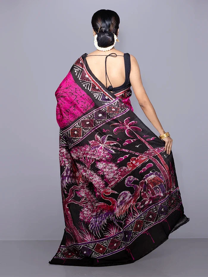 Allover Hand Batik Printed Murshidabad Silk Saree - WeaversIndia