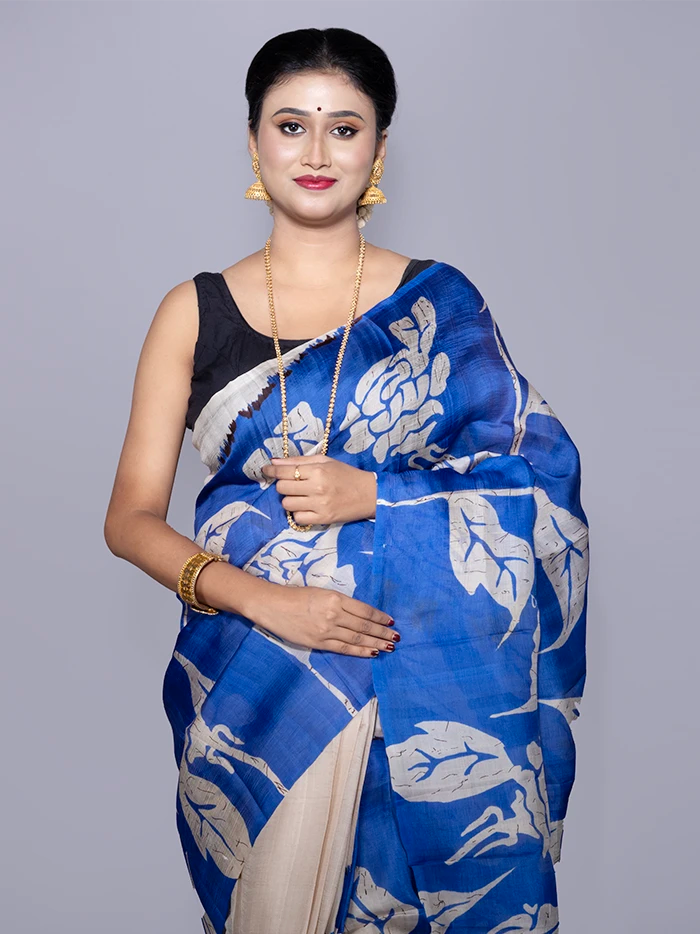 Par Anchal Hand Batik Printed Murshidabad Silk Saree