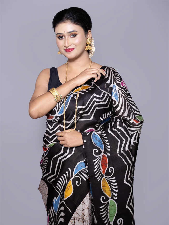Allover Hand Batik Printed Murshidabad Silk Saree