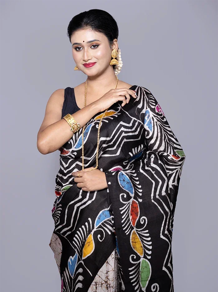 Allover Hand Batik Printed Murshidabad Silk Saree - WeaversIndia