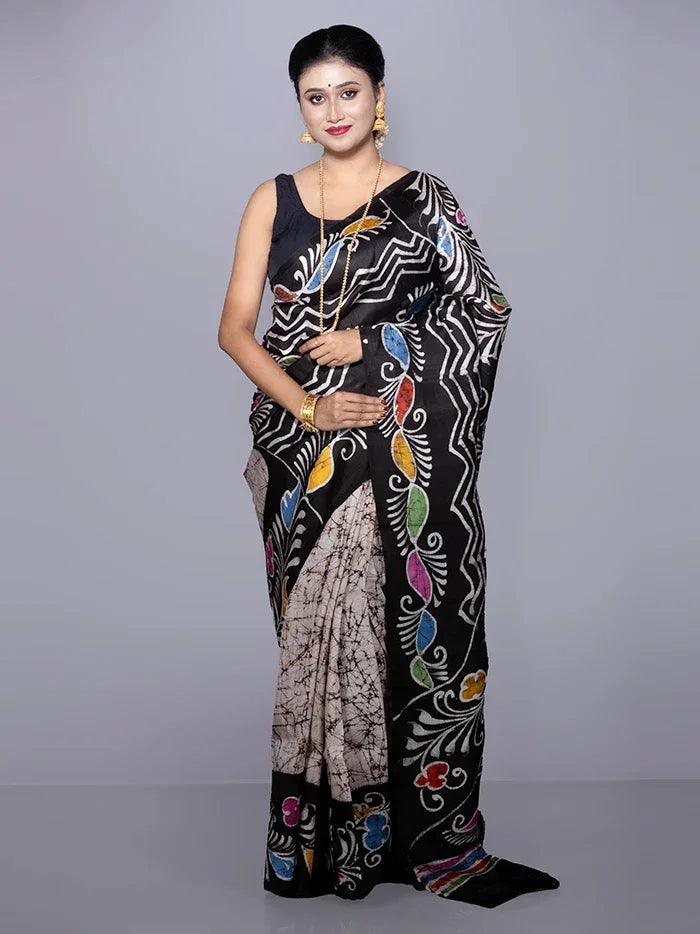 Allover Hand Batik Printed Murshidabad Silk Saree - WeaversIndia