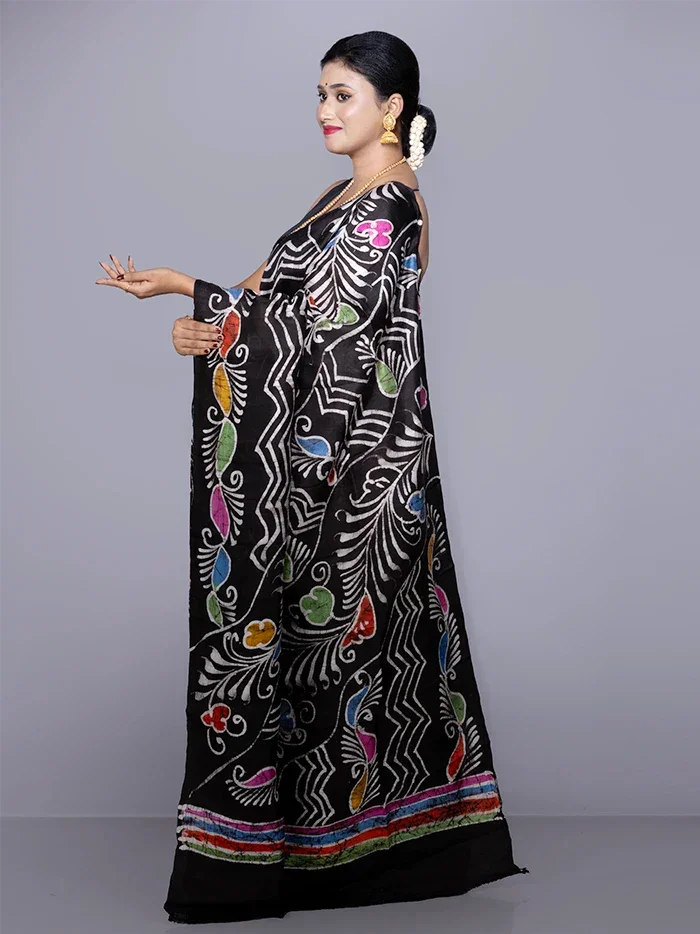 Allover Hand Batik Printed Murshidabad Silk Saree - WeaversIndia